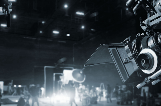 Image of Camera of movie and video production and crew team in studio and set.